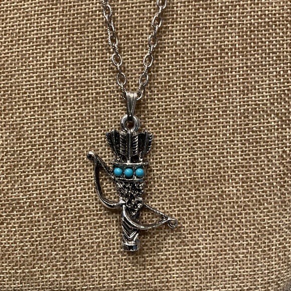 Vintage Faux Silver and Turquoise Bow and Quiver or Arrows Necklace - Picture 1 of 5